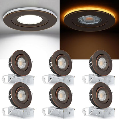 KnLnny Ware Oil Rubbed Bronze Recessed Lighting 4 Inch with Night Light 6 Pack,Gimbal Led Lights with Junction Box,5CCT Selectable,9W 750LM,Dimmable