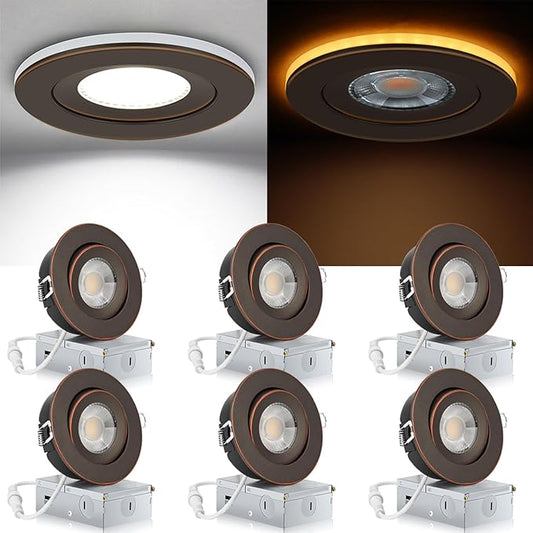 KnLnny Ware Oil Rubbed Bronze Recessed Lighting 4 Inch with Night Light 6 Pack,Gimbal Led Lights with Junction Box,5CCT Selectable,9W 750LM,Dimmable