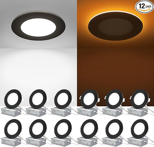 ZYC 4 inch recessed Lights - 9W 800LM LED Recessed Ceiling Light with Night Light,2700K/3000K/4000K/5000K/6000K Selectable Ultra-Thin Lighting,Dimmable Canless Wafer Downlight,Pack of 12（Black）.
