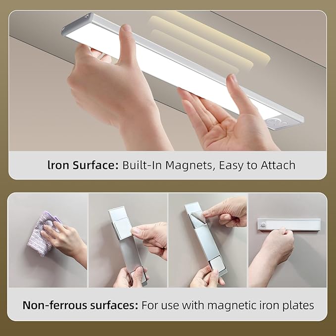 16inch Under Cabinet Lighting, 4 Pack Rechargeable Motion Sensor Light Indoor, Wireless Dimmable Magnetic Closet Lights, 68 LED Under Counter Lights for Kitchen, Wardrobe, Stairs, White Light