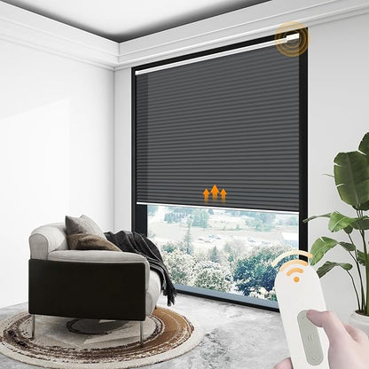 Motorized Cellular Shades Cordless Light Filtering Rechargeable Window Curtains with Remote for Privacy Protection Smart Home Electric Automatic Honeycomb Blinds for Windows, 40" x 48", Black