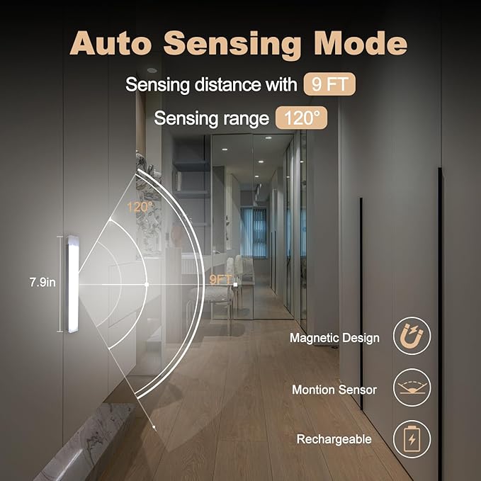 6 Pack Motion Sensor Under Cabinet Light, Magnetic Rechargeable Warm White 2 Color Under Counter Light, 8 Inch LED Closet for Stair Bedroom Cupboard