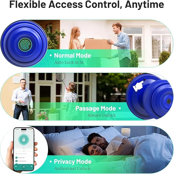 UMIKSMART Fingerprint Door Knob Lock, Smart Keyless Entry Door Knob with Tuya App Control & Auto-Lock, Backup Key, Easy Install for Home, Apartment, Office, Blue
