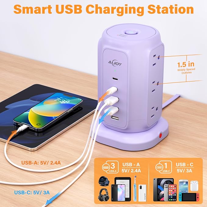AiJoy Power Strip Tower with 9 AC Outlets and 5 USB Ports Charging Station | 1200J Surge Protector, 6.5 Feet Extension Cord with Multiple Outlets for Home Dorm Room Office Supplies Desk Accessories