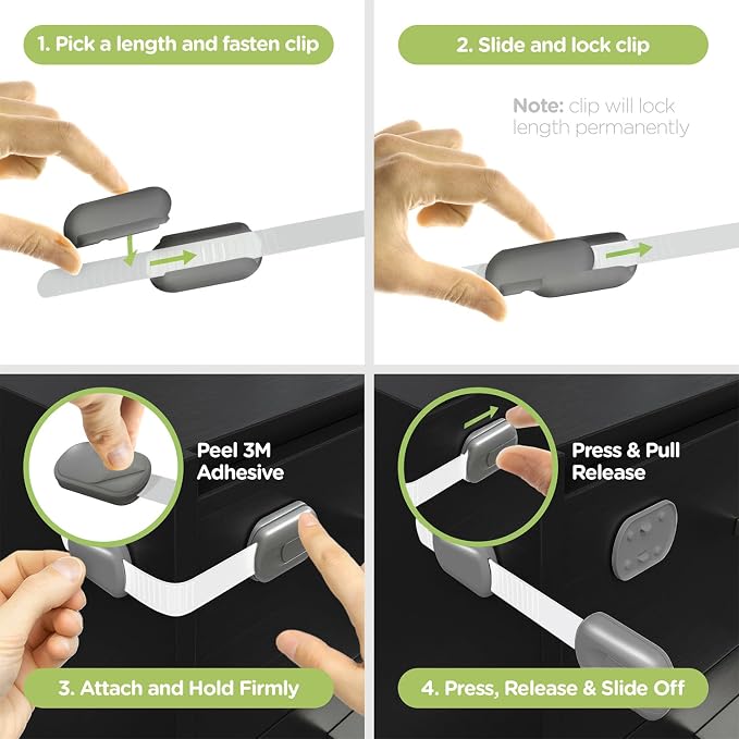 SKYLA HOMES Child Safety Cabinet Locks, Metallic Gray, 2 Pack | ABS and TPE adhesive latches for cabinets, drawers, ovens and toilet seats; no screws or magnets needed