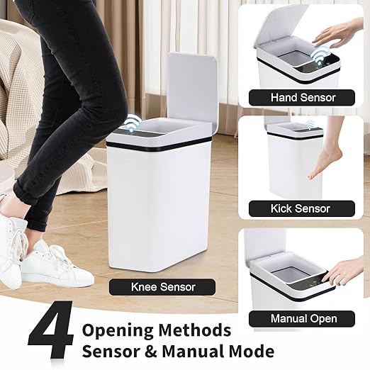 3 Pack Bathroom Trash Can with Lid, 2.5 Gallon Small Slim Trashcan, Automatic Trash Can Touchless, Motion Sensor Waterproof Plastic Trash Bin for Bedroom Kitchen Office Living Room (White)
