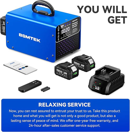 Cordless Ozone Generator with 2X 5000mAh Battery & Quick Charger, 24V Professional Grade Ozone Machine, Deodorizer, With Remote Control, Suitable for Large Room，Blue