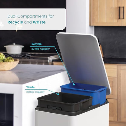 Home Zone Living 13 Gallon Slim Kitchen Trash Can with Dual Compartments for Recycling, Stainless Steel, White, 50 Liters Total