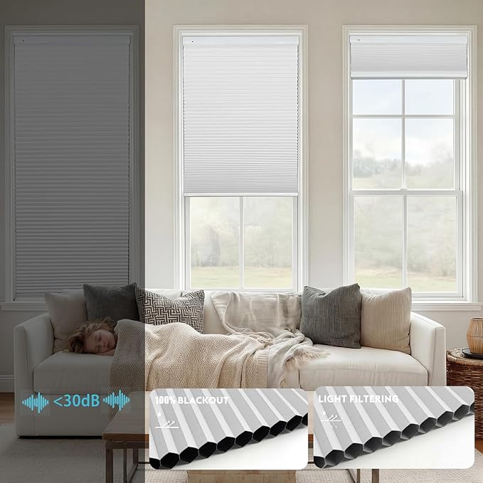 Custom Motorized Cellular Shades, Smart Honeycomb Blinds with Remote, 100% Cordless Thermal Blackout/Light Filtering Window Shades, No Drill Rechargeable Automatic Blinds for Indoor Windows