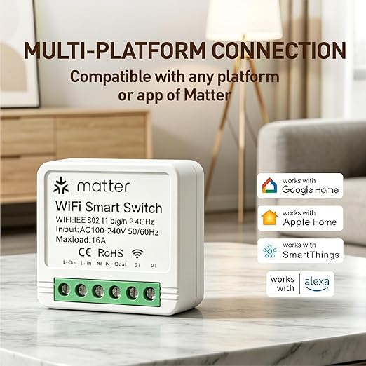 Matter Smart Switch, Smart Light Switch, WiFi Mini DIY Module, eWeLink Web, Flush-Mounted, APP & Voice Control, Smart Switches for Lights Compatible with Apple, Alexa & Google, 4PCS