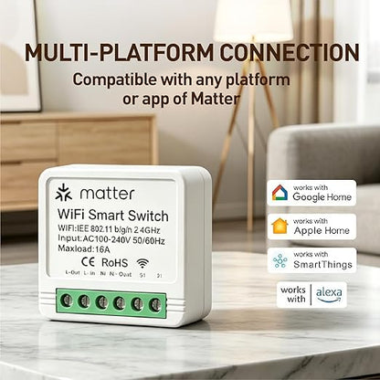 Matter Smart Switch, Smart Light Switch, WiFi Mini DIY Module, eWeLink Web, Flush-Mounted, APP & Voice Control, Smart Switches for Lights Compatible with Apple, Alexa & Google, 2PCS