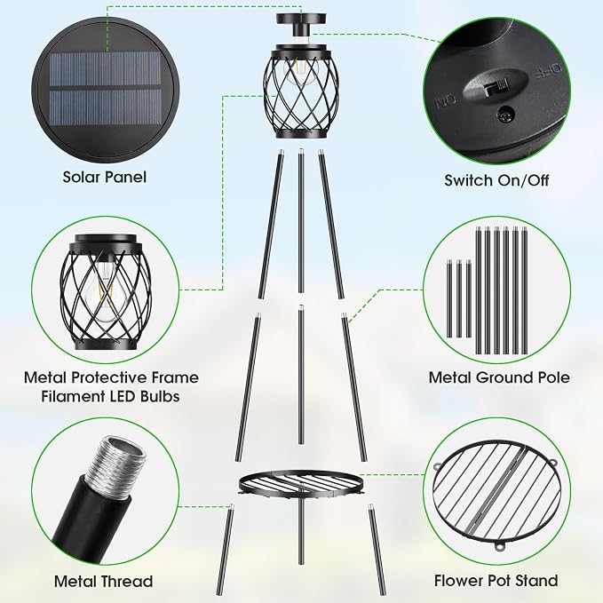 MXwcy 2 Pack Solar Lights Outdoor with LED Edison Bulbs, Vintage Style Solar Floor Lamp with Plant Stands, Weatherproof Garden Lights for Pathway, Patio, Yard, Porch Decor 8-10 Hours Lighting
