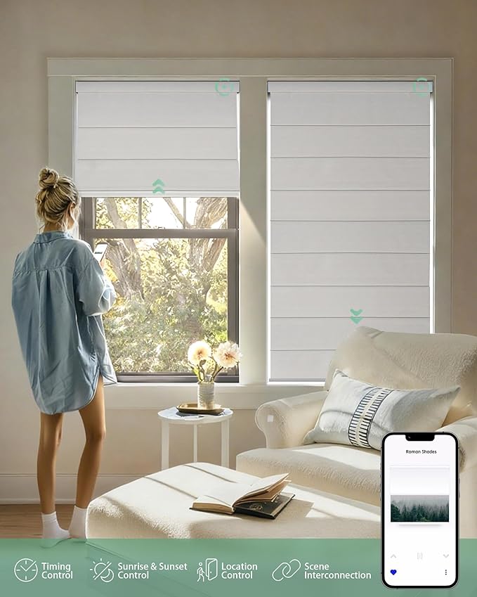 Yoolax Motorized Roman Shades with Remote, Smart Roman Shades for Indoor Windows, Blackout Automatic Blinds Work with Alexa, Google, Apple Homekit for Living Room Bedroom, Customized (Texture White)