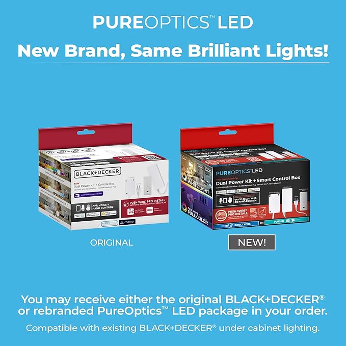 PureOptics LED Professional Push Wire Matter Certified Smart Under Cabinet Lighting 2-in-1 Power Kit, 48W Plug-in and Direct Wire, Smart Control Box, Compatible with Alexa, Apple Home, Google Home