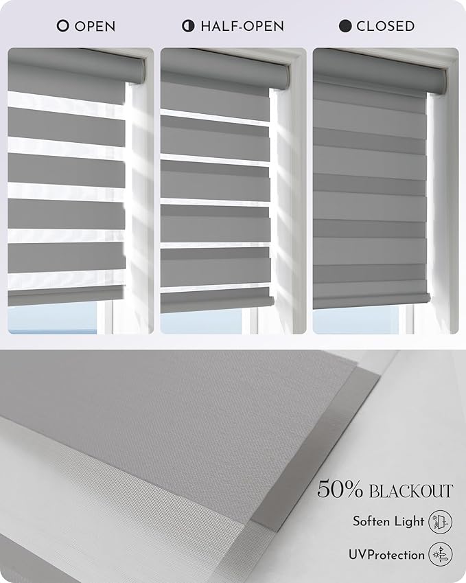 Graywind Motorized Zebra Sheer Blinds Compatible With Alexa Horizontal Light Filtering Window Shades Remote Roller Blinds with Valance for Smart Home and Office, Customized Size (Wool-like Light Grey)