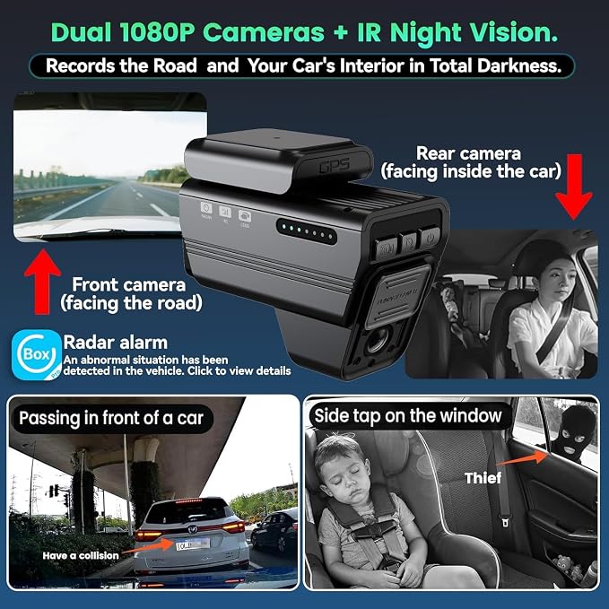 4G LTE Dash Cam Front and Inside, Dual 2K Car Security Camera with Remote Live View, GPS Tracking, Cloud Backup, AI Motion Detection, Sentry Mode, 2-Way Audio, IR Night Vision, OBD, 32GB Card