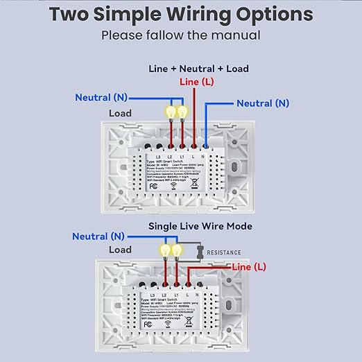 Smart Switch 118X72X34MM Neutral/No Neutral Wire Required, 2.4GHz Wi-Fi,Compatible with Alexa and Google Home 220V, White 2 Gang 1 Pack