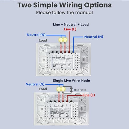 Smart Switch 118X72X34MM Neutral/No Neutral Wire Required, 2.4GHz Wi-Fi,Compatible with Alexa and Google Home 220V, White 2 Gang 1 Pack