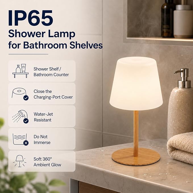 IP65 Waterproof Shower Lamp, Cordless Rechargeable Table Lamp, Wood Grain | 4000mAh Battery Operated Lamp, Spa-Like Glow for Showers, Vanity, Bedside and Patios; 3 Color Temperatures, Touch Dimming