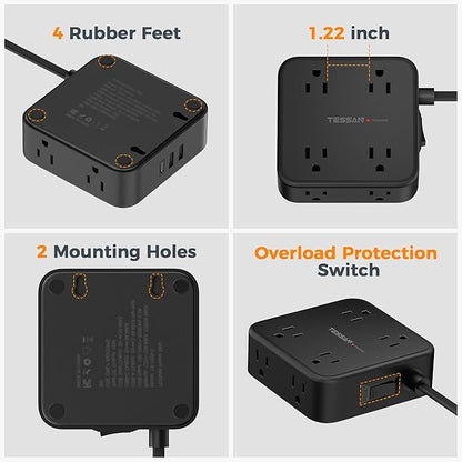 TESSAN Surge Protector Power Strip, 10 Ft Flat Plug Extension Cord with 3 USB (1 USB C) 8 Outlets, 1250W, 900J Protection, 3 Sided Outlet Extender with Power Switch for Office, Dorm Room, Black