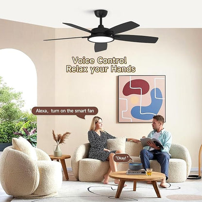 Roomratv 52 Inch Smart Ceiling Fan Compatible with App/Alexa/Google home | Black,Beep-Off Function,Ultra Quiet,Bright and Dimmable Led Light,Energy saving,Reversible,Remote Control,Rustic Farmhouse