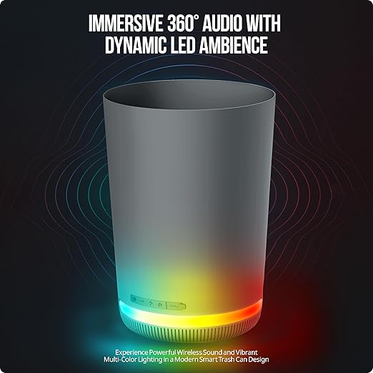 MVMT Trash Can with LED Light-Up Wireless Speaker - 9.8L (2.6 Gal) Smart Trash Bin, Bluetooth 360 Sound, Multi-Color LED Base, IPX4 Water-Resistant, FM Radio, Rechargeable Battery, Space-Saving Design