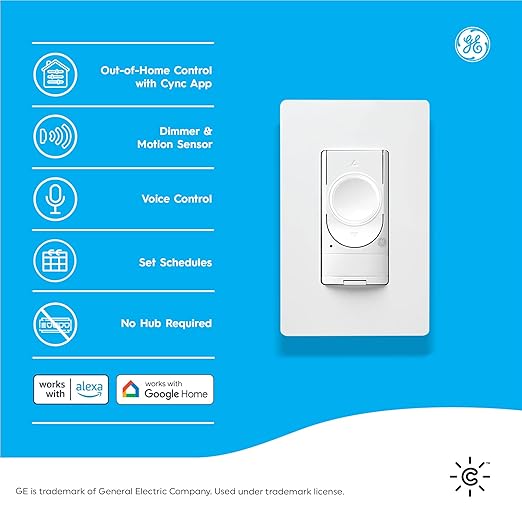 GE Lighting CYNC Smart Dimmer Light Switch + Motion Sensor, Neutral Wire Required, Bluetooth and 2.4 GHz Wi-Fi 4-Wire Switch, Compatible with Alexa and Google Home (2 Pack)