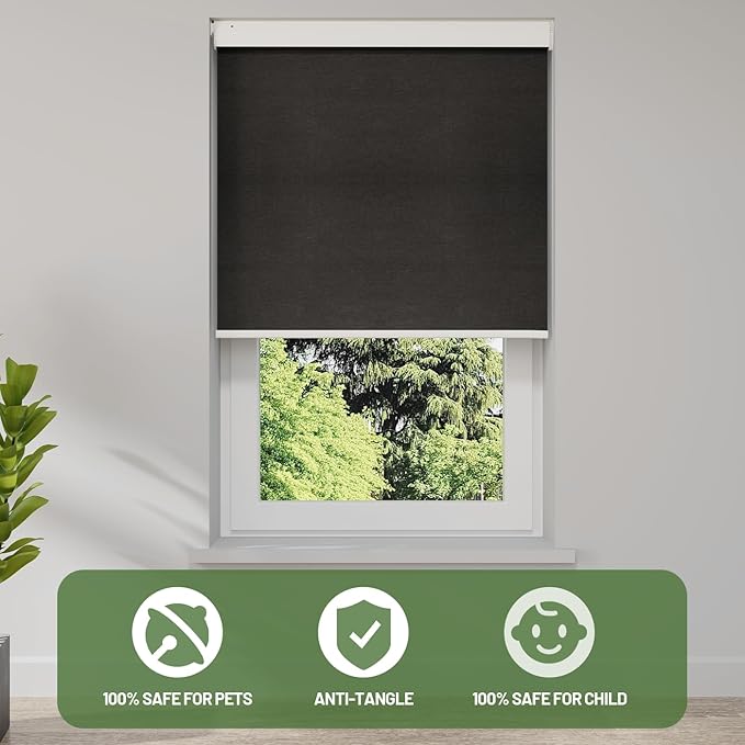 Motorized Blinds with Remote, Blackout No Drill Cordless Smart Roller Shades, Automatic Blinds for Windows, Black,35" W x 72" H