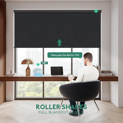 Motorized Blinds with Remote [100% Blackout & Silent Motor] Smart Blinds Compatible with Alexa Google HomeKit, Electric Roller Shades for Indoor Windows, Customized Size, Mist Ultra Black
