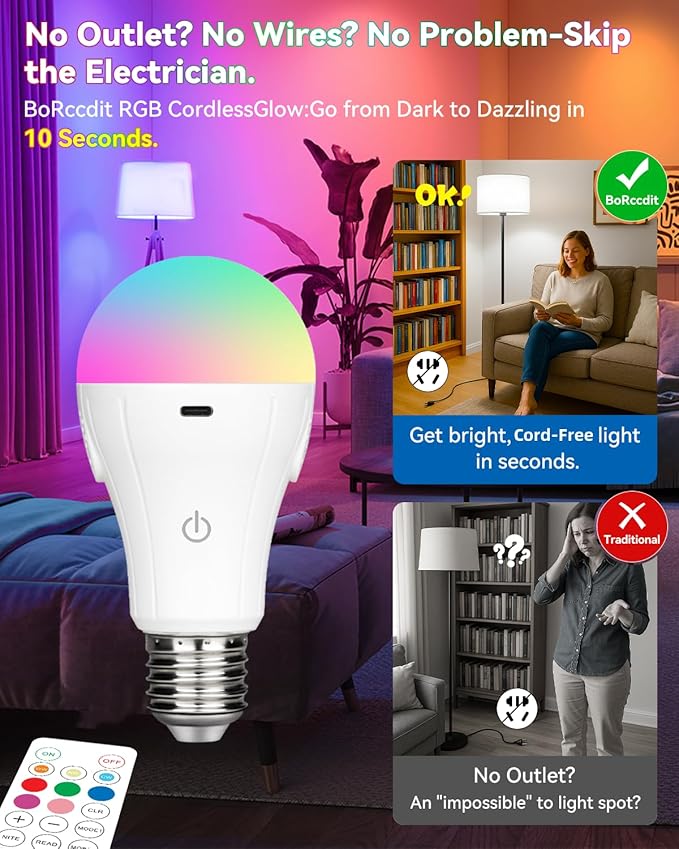 BoRccdit CordlessGlow Rechargeable Light Bulbs with Remote,5 RGB + 3 CCT Dimmable Battery Operated Light Bulb for Hardwired & Non-Hardwired Lamps Sconces,Presets + Custom Scenes,Up to 24 Hours, 2PK