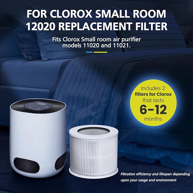 12020 Filter Replacement Compatible with Clorox Tabletop Air Purifier model # 11020 and Clorox Tabletop Smart Air Purifier model # 11021, 12020 HEPA Filter with 200 Sq. Ft. Capacity, 2 Pack