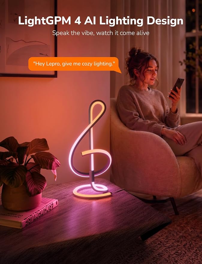 Lepro TB2 AI Smart Table Lamp, RGB+IC Addressable LED Lamps Alexa Google Home Enable, APP Control DIY Color Changing Modern Spiral Lamp, Music Sync, AI Generated Lighting LLM, 2.4 GHz WiFi/Bluetooth