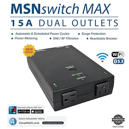 MSNswitch MAX 2-Outlet Internet Enabled Power Switch with Auto Reboot, Power Metering, Surge Protection & Noise Filtration - Ethernet & WiFi - Control via Smartphone, Cloud or API (Model UIS-801bc)