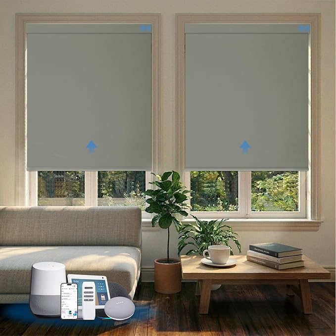 Motorized Blinds with Remote, Blackout Smart Blinds for Windows Automatic Shades Compatible with Alexa, Motorized Shades Customized for Bedroom Home Office (Blackout-Smoky Sea Garss)