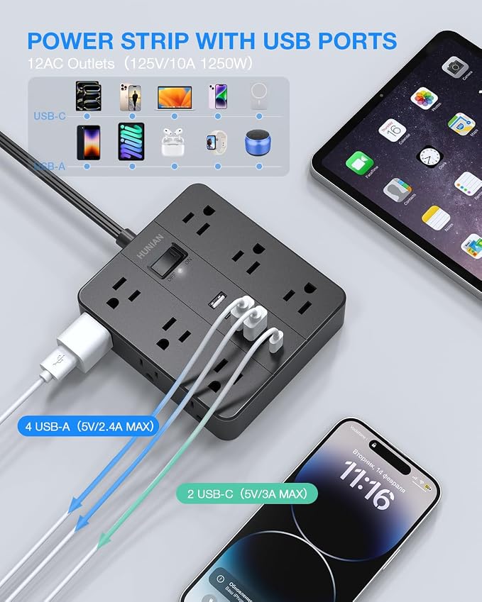 Flat Plug Power Strip, 5Ft Extension Cord with Multiple Outlets | HUNIAN 12 Widely Spaced Outlets 6 USB Charger (2 USB C Ports), Desk Charging Station for Home Office Supplies, Black