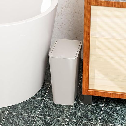 12L Covered Bathroom Trash Can,Office Trash Cans for Near Desk,Slim Bedroom Cute Small Trash Can,3.17 Gallon Plastic Pet/Dog Proof Bathroom Garbage Can,Thin Waste Basket for Room,Kitchen Trashcan,Gray