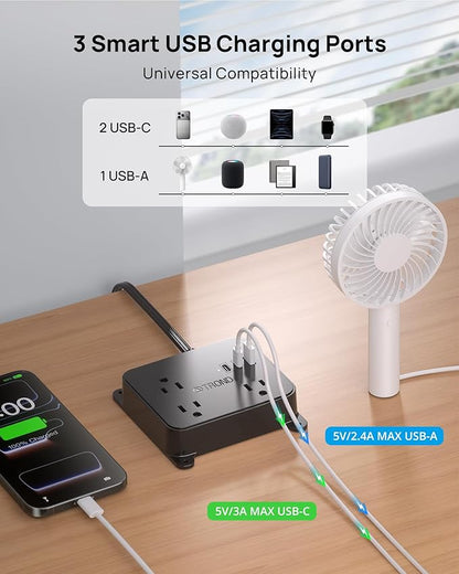 TROND Flat Plug Power Strip - 10FT Long Extension Cord with 3 AC Outlets, 2 USB-C Ports, 1 USB-A Port, Long Cord Desk Charging Station, Wall Mount for Home, Office Accessories, Dorm Room Essentials