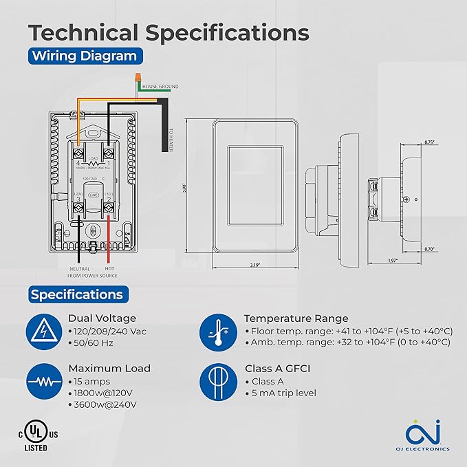 OJ Microline UDG4 Touchscreen Programmable Heated Floor Thermostat w/Class A GFCI - 120/240v Radiant Heat Thermostat - Dual Sensing - Includes Floor Sensor - 3-Year Warranty & USA Product Support