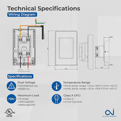 OJ Microline UDG4 Touchscreen Programmable Heated Floor Thermostat w/Class A GFCI - 120/240v Radiant Heat Thermostat - Dual Sensing - Includes Floor Sensor - 3-Year Warranty & USA Product Support
