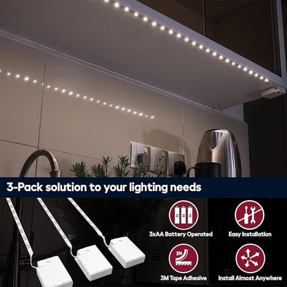 BestLuz Battery Powered LED Strip Lights, Wireless LED Strip Lights 40 inch x 3 Pack for Kitchen Under Cabinet Lighting, Shelves, Under Counter, Closet, Cordless Click Light, Neutral White 4000K