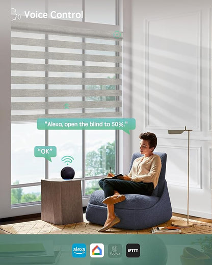 Yoolax Motorized Zebra Blinds Compatible with Alexa, Smart Dual Layer Shades with Privacy Light Control, Electric Horizontal Window Blind Customized Size for Home Office (70% Shading Warm Silver)