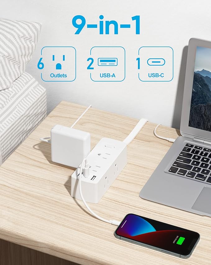 Flat Extension Cord 10ft, Olcorife Flat Plug Power Strip with 6 Outlets 3 USB Ports(1 USB C), 3-Side Outlet Extender Surge Protector for Home Office Dorm Room Essentials, White