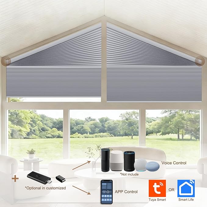 Godark Smart Angled Customized Blackout Honeycomb Blinds Suitable for Trapezoidal/Triangular/Polygonal Windows Motorized Cellular Shades Compatible with Alexa/Google Home/Tuya APP-Grey