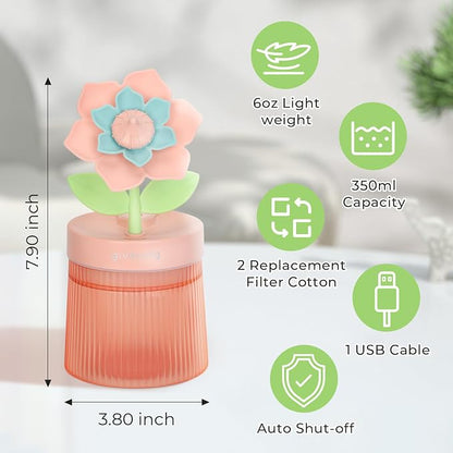 Flower Mini Humidifier, Cute Small Humidifiers, USB Portable Personal Cool Mist Desktop Humidifiers, Cooling for Home Office Car Summer Travel (260ml, Pink Gardenia)