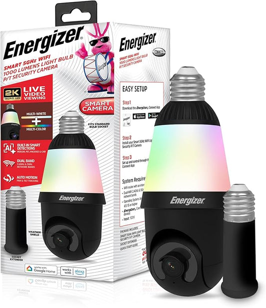 Energizer Smart 2K Light Bulb Security Camera, 1000 Lumens LED Light, 5G&2.4G Wi-Fi Outdoor Socket Camera, Pan Tilt Auto Tracking, (Black, AI Smart Detection Built-in)
