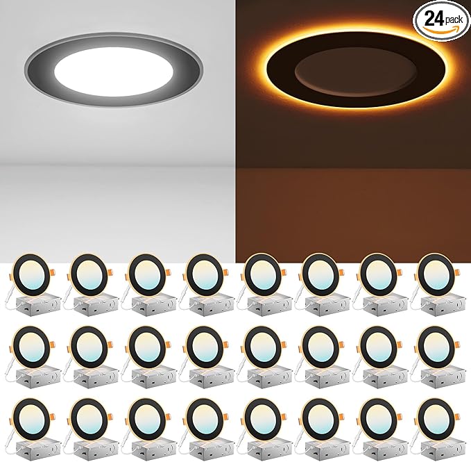 Amico 24 Pack Black Trim 4 Inch 5CCT LED Recessed Ceiling Light with Night Light, 2700K-5000K Selectable Ultra-Thin Recessed Lighting, 10W=90W, 700LM, Dimmable Canless Wafer Downlight ETL&FCC