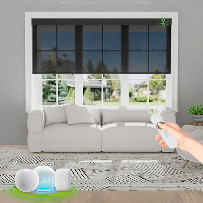 Motorized Blinds with Remote [Light Filtering] Smart Blinds Compatible with Alexa Google HomeKit, 80% Blackout Automatic Roller Shades for Indoor Windows, Customized Size, Mesh Black