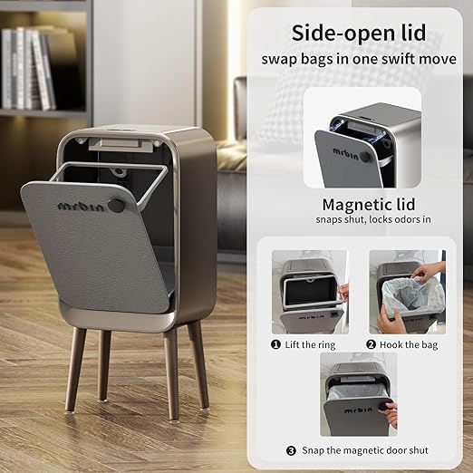 MRBIN Motion Sensor Bathroom Trash Can with Leg, Odor Control 5.5 Gal Tall Automatic Waste Basket for Bedroom, Ozone Purification Neutralizing, Touchless Butterfly Lid, Eclipse Grey