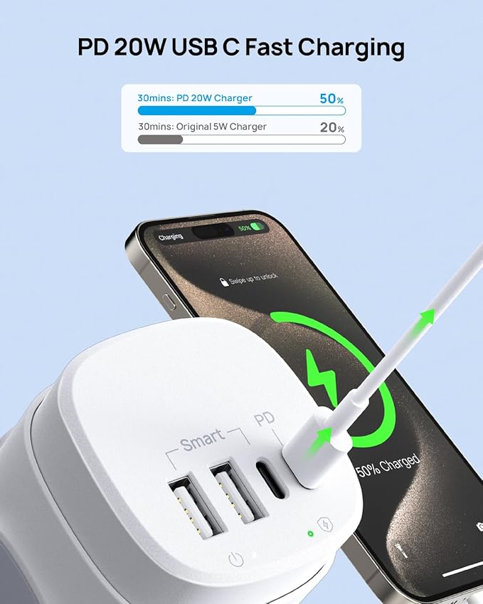 TROND Semi-Retractable Power Strip Tower - Flat Plug Surge Protector Power Strip with USB C PD 20W, 10ft Extension Cord with Multiple Outlets, 1700 Joules, Home Office Dorm Room Essentials, White
