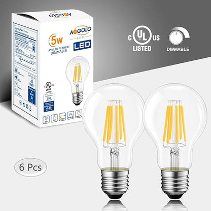 LED Edison Light Bulbs, 2700K Soft White, 6-Pack, Vintage Bulbs 40 Watt Equivalent, Filament Bulb, A19 Decorative LED Light, 5W, 500LM, Dimmable, Clear Glass, E26 Base